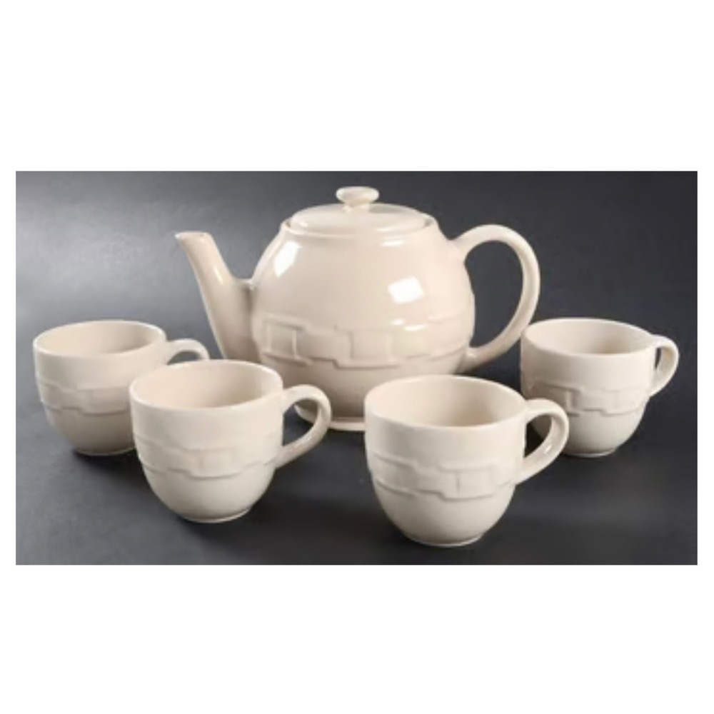 Longaberger Woven Traditions Ivory Pottery Tea Pot and 4 Cups Set 3215290 NEW